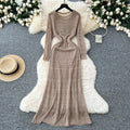 Korean style hollow-out crochet knit dress - women's slimming, long-sleeved dress with inner layer camisole two-piece set