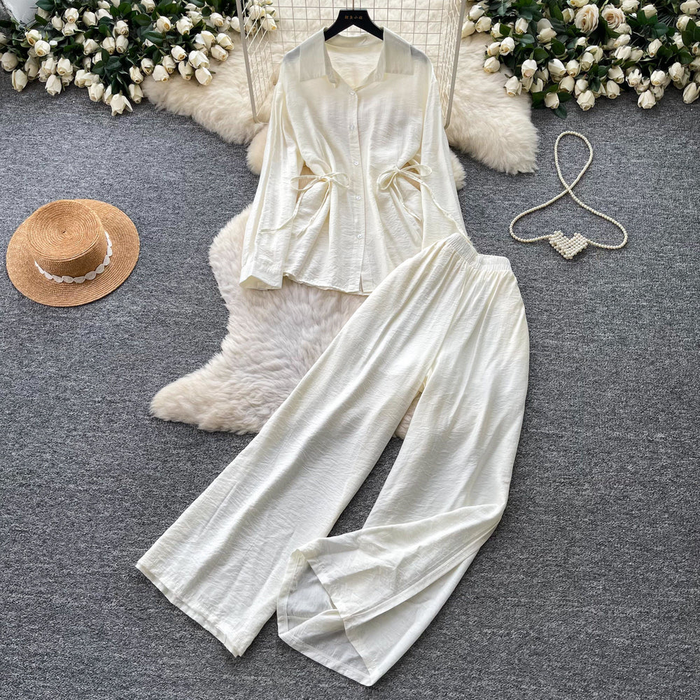 Lazy style pink shirt loose pantstwo-piece set female spring autum light mature waist tie backfashionableelegantsuit