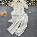 Lazy style pink shirt loose pantstwo-piece set female spring autum light mature waist tie backfashionableelegantsuit