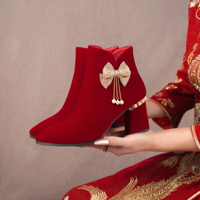 Wedding shoes and boots 2024 new arrival engagement toast red thick heel bridal shoes xiuhe chinoiserie high heels short boots