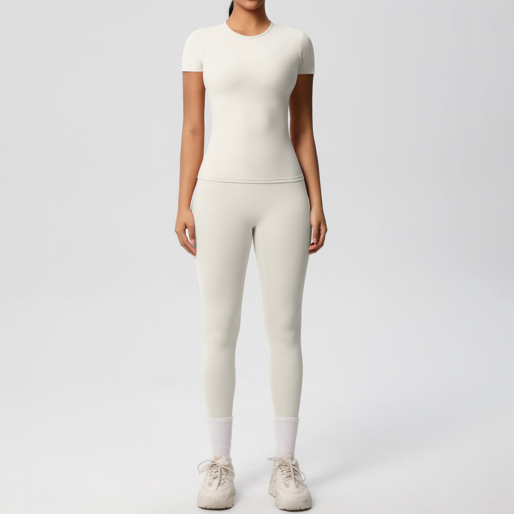 Ready-to-ship, solid color, double-sided brushed, breathable, form-fitting, two-piece activewear set for fitness, running, and yoga