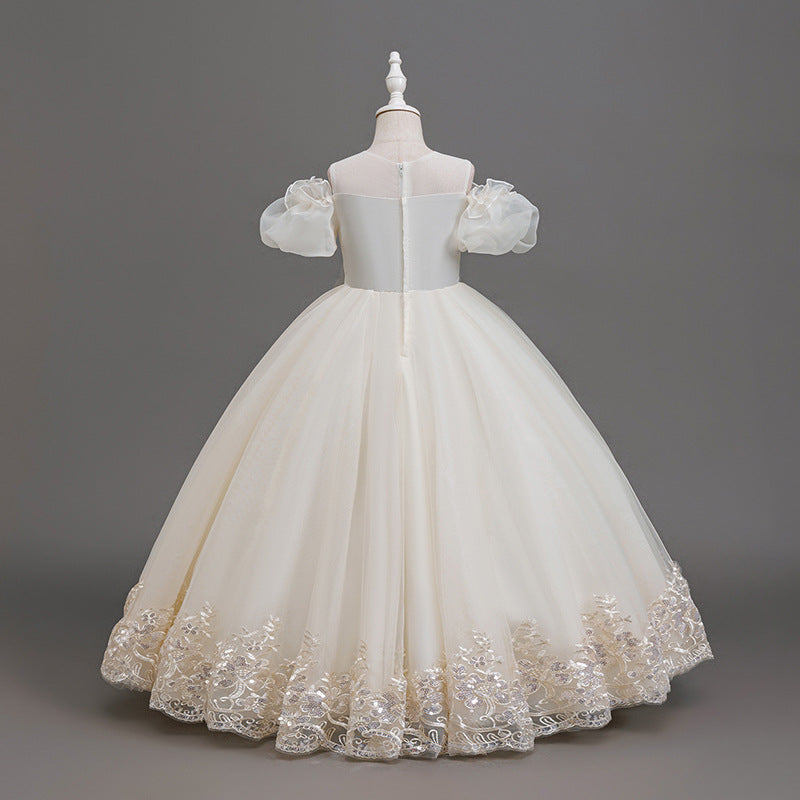 Yimingzhi girls' formal dress - off-the-shoulder, elegant flower girl dress for runway shows and piano performances - ready-to-ship cross-border fashion
