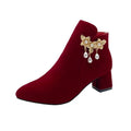 Winter wedding shoes women's burgundy chinoiserie xiuhe wedding dress two wear pearl thick heel bridal shoes fashionbows single boots