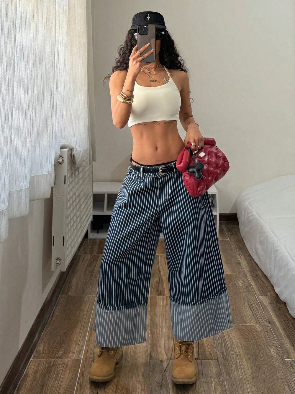Women's striped patchwork wide-leg jeans - high-waisted, slimming, loose fit, designer style, versatile denim wide-leg cropped pants