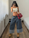 Women's striped patchwork wide-leg jeans - high-waisted, slimming, loose fit, designer style, versatile denim wide-leg cropped pants