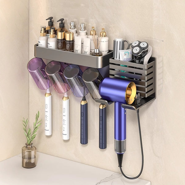 Hair dryer rack, hair dryer rack with toothbrush bracket, non-punching wall-mounted removable and washable hair dryer storage rack