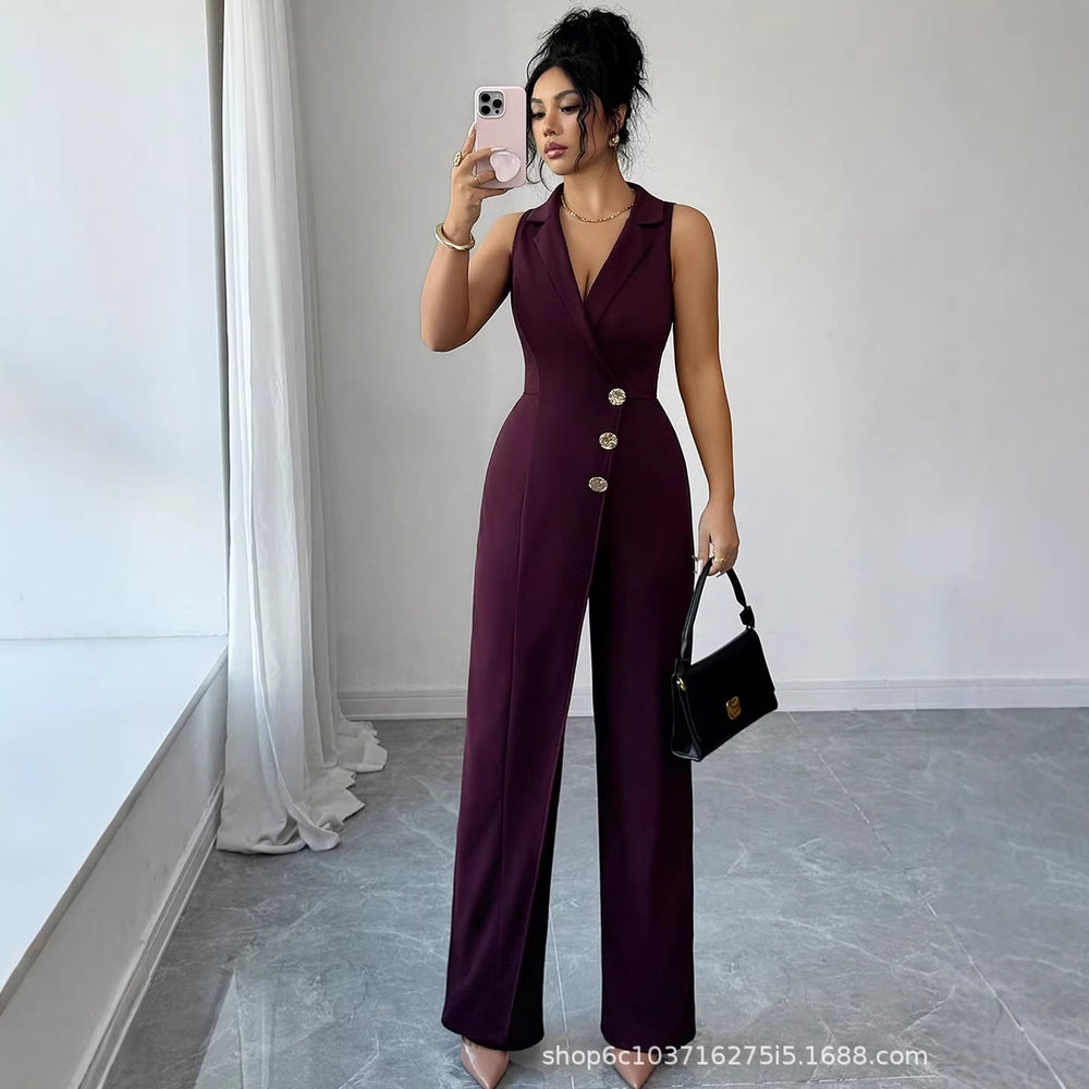 fashion women's clothing:  new summer v-neck solid color sexy jumpsuit