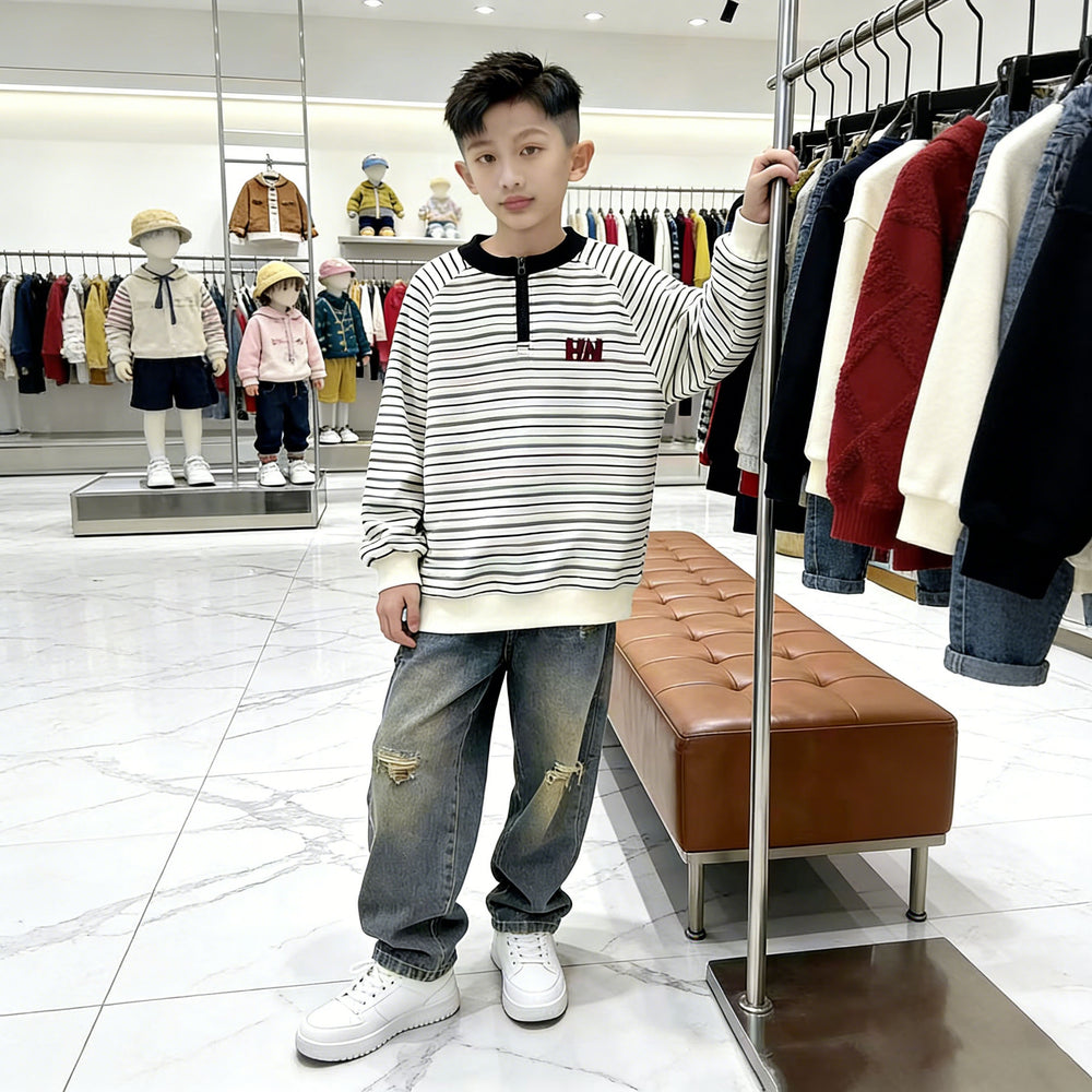 spring new kids' trendy hoodie - mid-to-large size, half-zip, striped, stylish top, boys' warm outerwear
