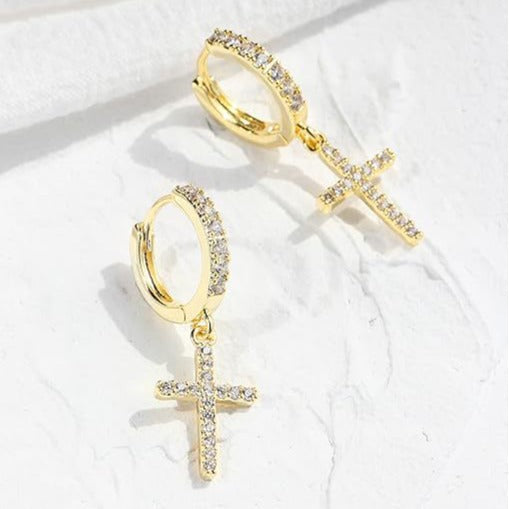 European and american high-end s925 sterling silver ins cross earrings, full zircon personalized stud earrings, trendy and versatile for men and women