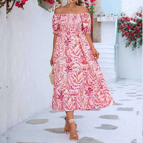Summer European and American new sweet wind tube top one-word neck printing short sleeve elastic waist medium long dress floral dress