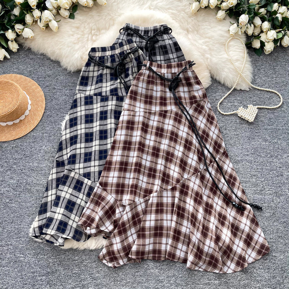 Vintage plaid midi skirt - women's high-waisted a-line swing skirt - commute-friendly fashion - coffee brown irregular patchwork maxi skirt