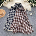 Vintage plaid midi skirt - women's high-waisted a-line swing skirt - commute-friendly fashion - coffee brown irregular patchwork maxi skirt