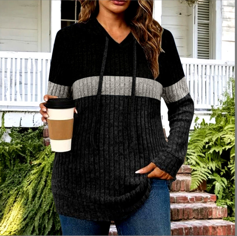 cross-border women's fashion color block warm knit pullover long sleeve hoodie top
