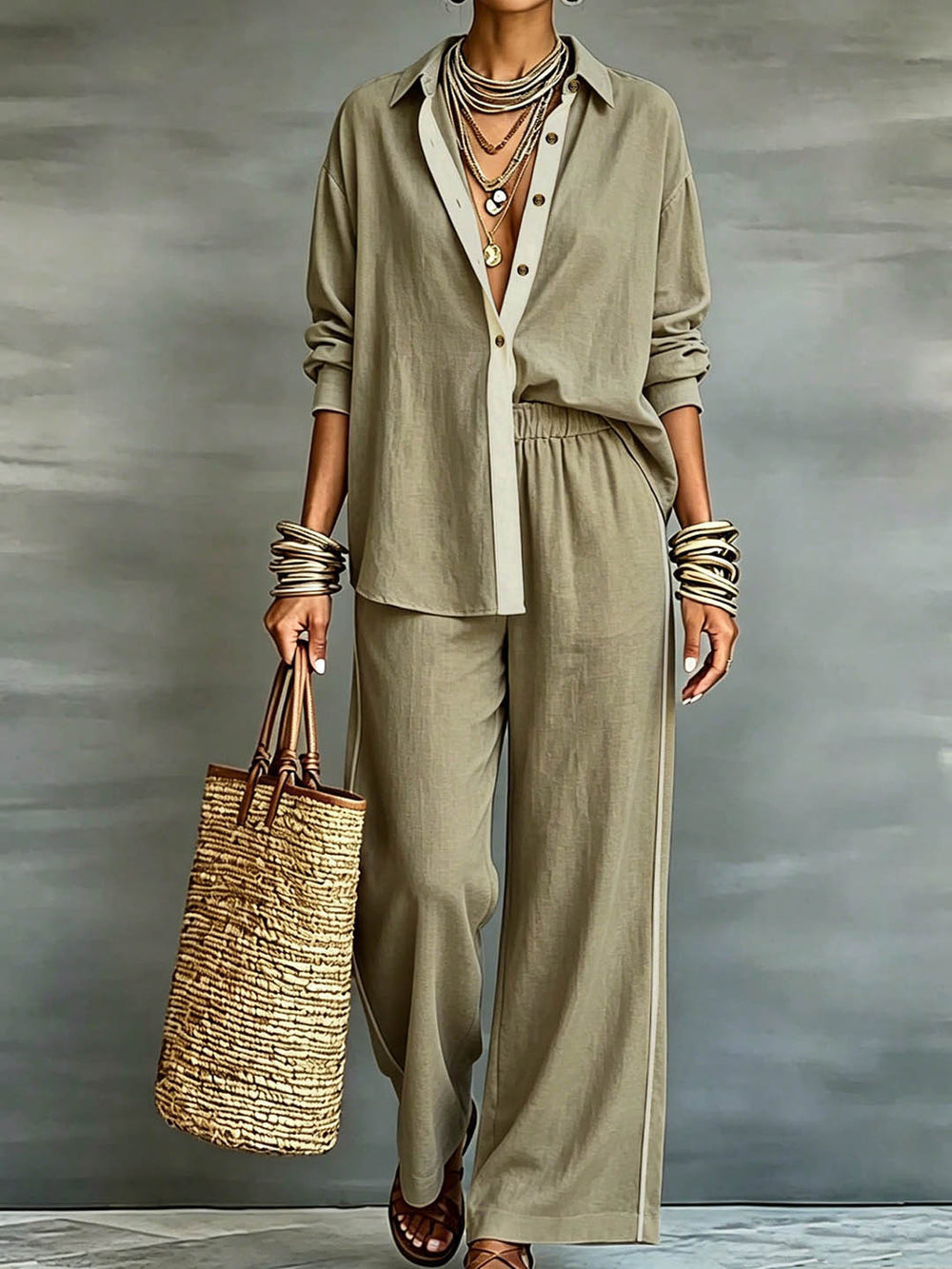 Exportplus size relaxation work clothing set retro gray linen shirt elastic waist side strips wide leg pants two-piece set