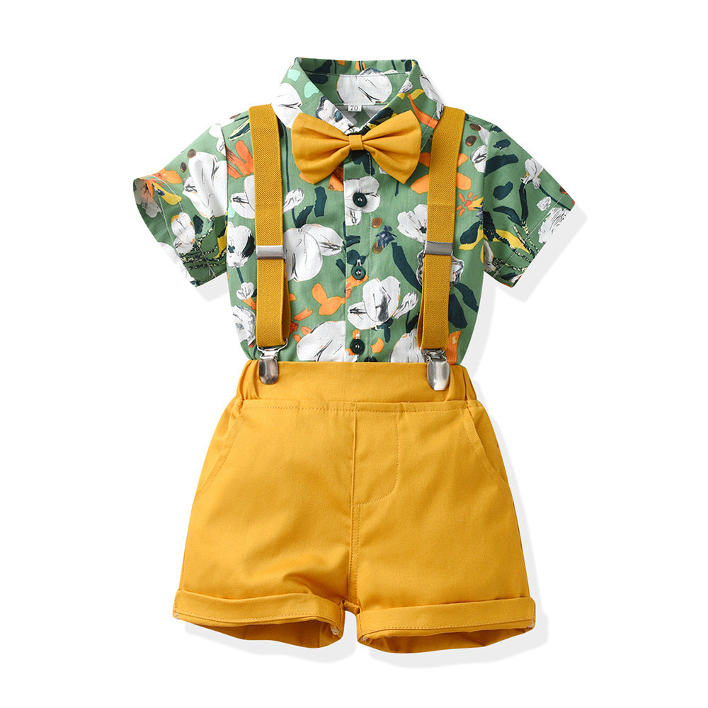 European and american style boys' outfit set: short-sleeve printed shirt, overalls, bow tie - beach-themed cross-border children's wear wholesale