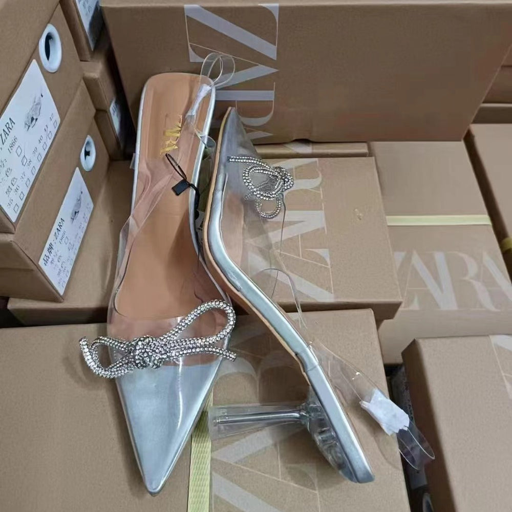 Za2024summernew arrival women's shoes pvc transparent high heels women's pointed toe toe crystal heel rhinestone bows shoes