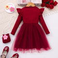 Girls' (toddler & little kid) dress, featuring 3d floral appliqués, ribbed knit paneling, mesh long sleeves, and includes a matching crossbody bag