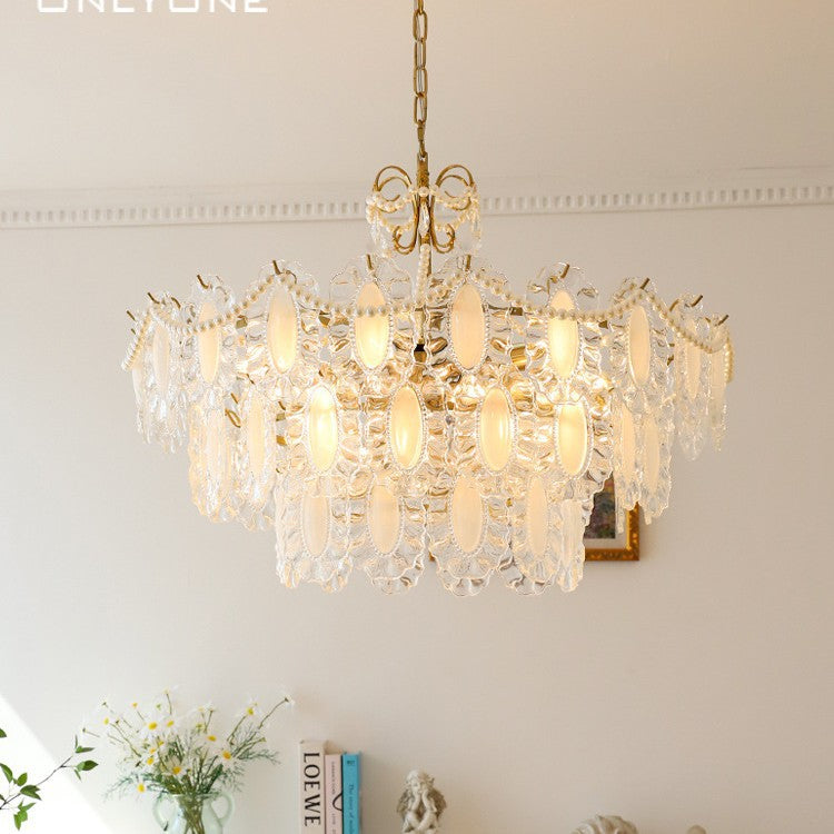 French Gorgeous Retro Pearl Glass Dining Room Bedroom Lighting Cream Wind Premium Light Luxury Crystal Living Room Chandelier