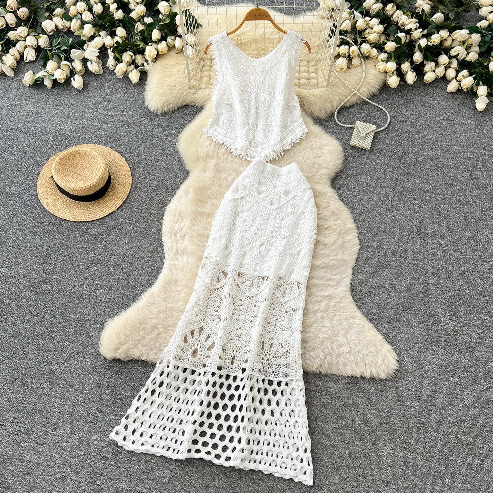 Hollow hook lace vest skirt two-piece set for women summer tassel slimming lookelegantsuit skirt