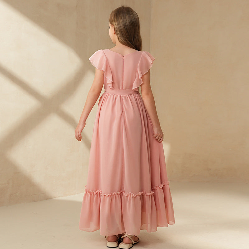 European and american cross-border teen girls' clothing  new arrival: elegant ruffle trim round neck cinched waist long french style dress