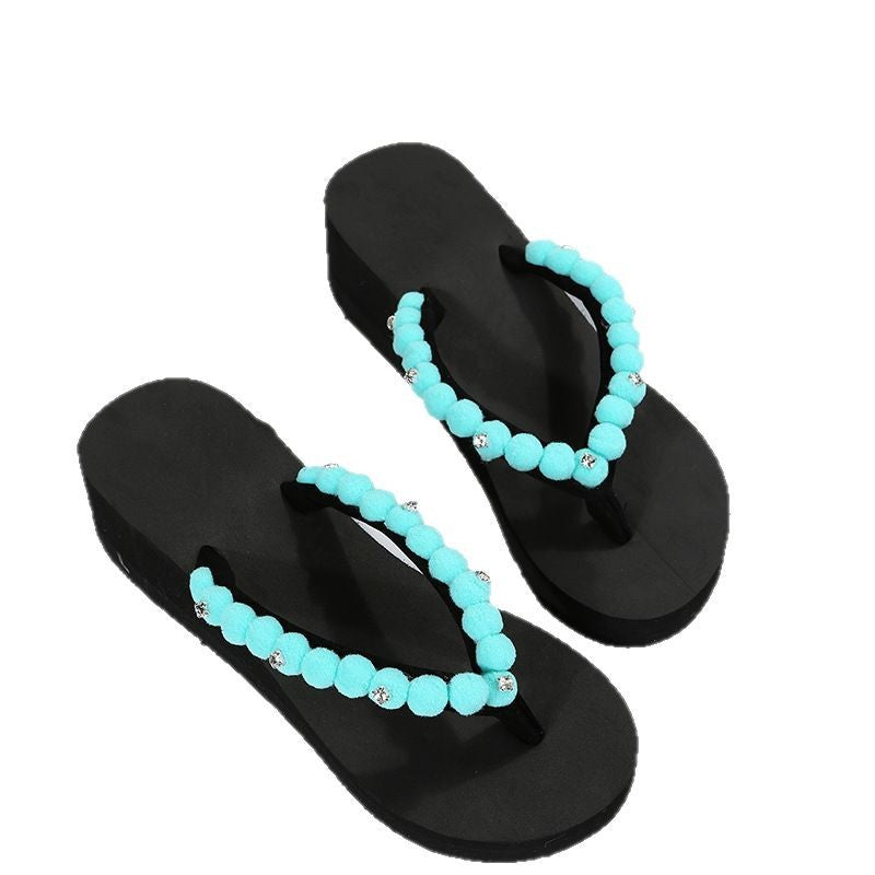 Spring/summer new roman style wedge flip-flops with rhinestone and pom-pom detail, ready-to-wear sandals, dropshipping available