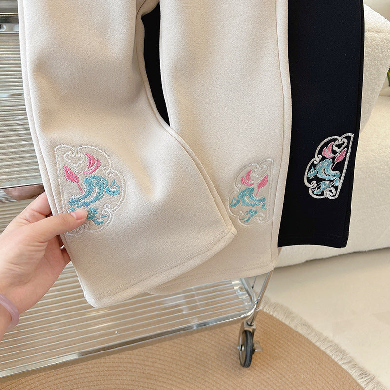Girls' pants - spring  new collection: chinese style, slightly flared leg, stylish embroidery, available in sizes for toddlers to young girls