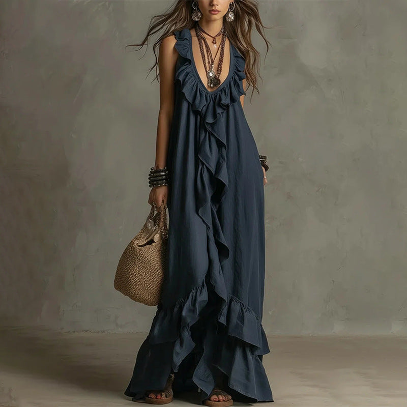 summer new women's fashion: european and american style cross-border dress - stylish, elegant, loose-fit a-line maxi dress with lace trim