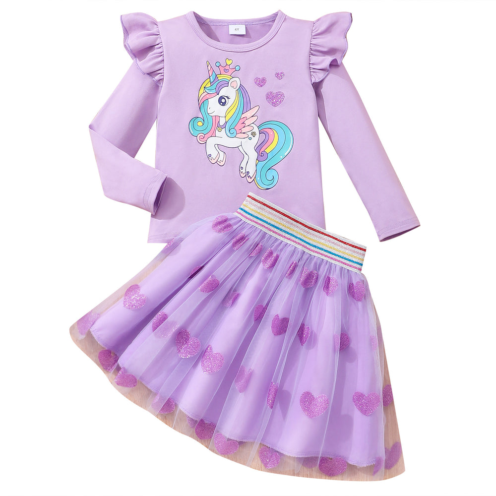 New girls' long-sleeve crewneck unicorn top + mesh heart skirt set