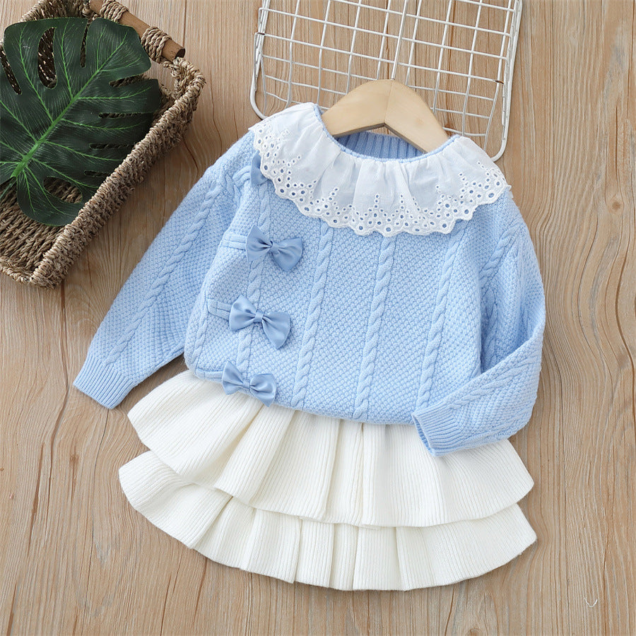 Dropshipping  autumn new girls' sweater two-piece set - sweet & chic bow detail
