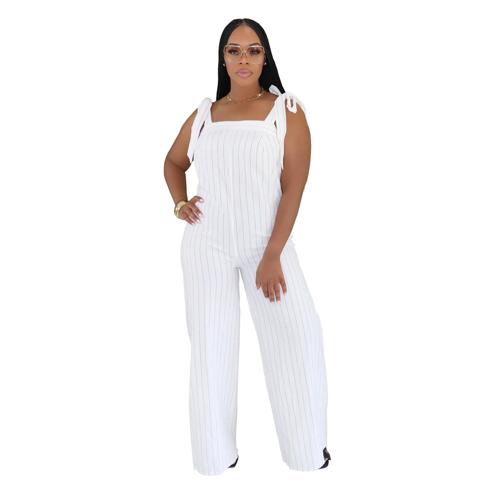 C7698 cross-border   fashion women's casual striped wide-leg jumpsuit with shoulder straps