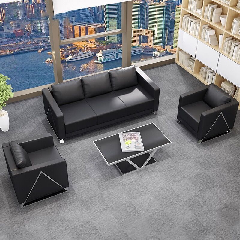 Business black leather office sofa casual reception room three-seater modular sofa lounge minimalist sofa