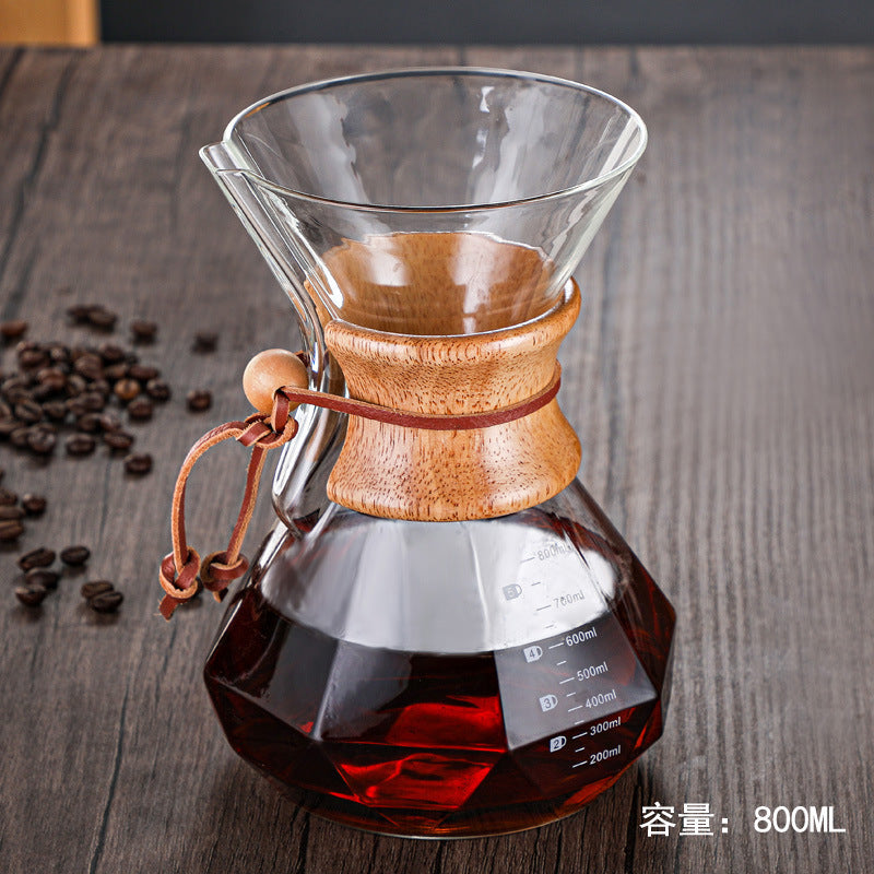 pour-over coffee maker set, diamond-shaped chemex sharing carafe, heat-resistant glassware for home use, with logo imprinting available