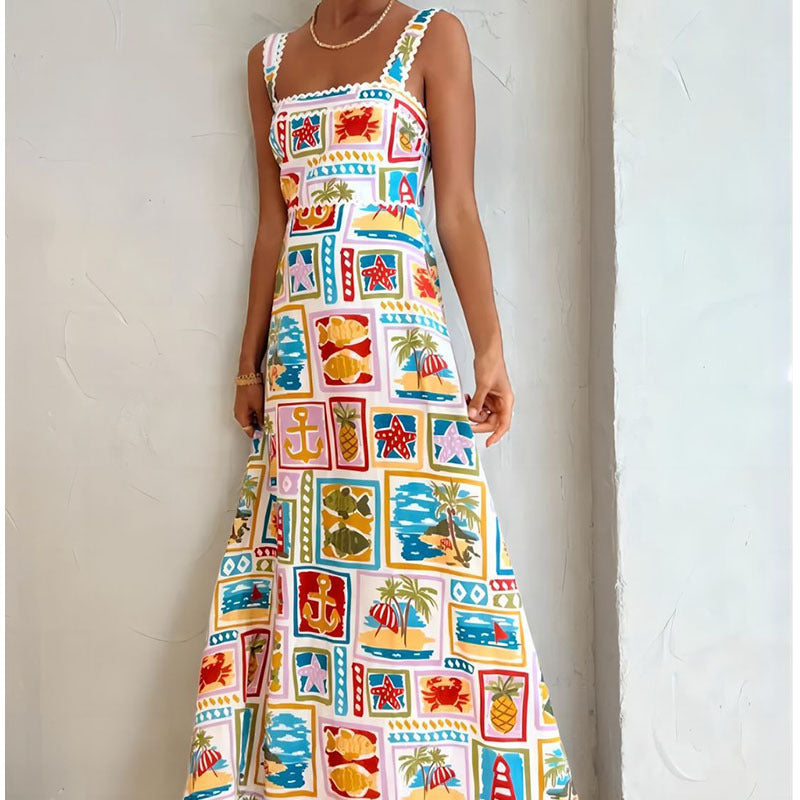 cross-border e-commerce european and american women's clothing: new summer collection - graffiti print cami bandeau maxi dress 661