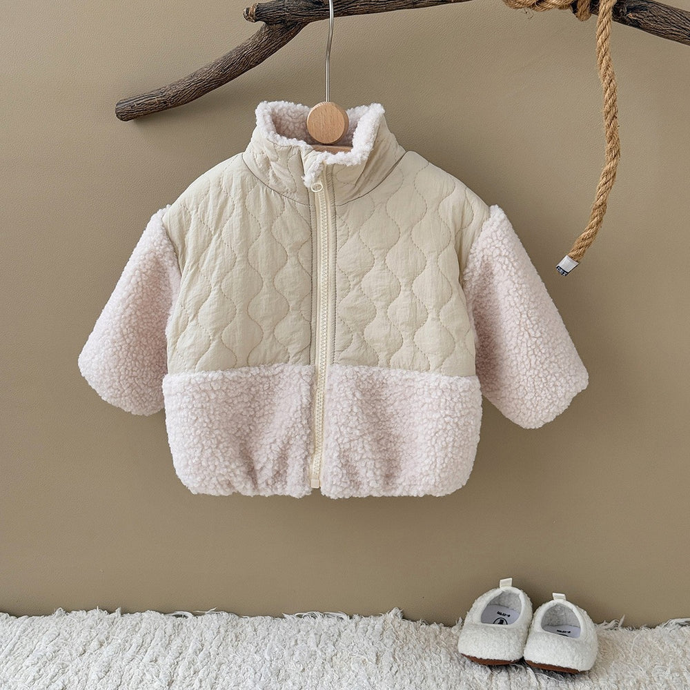 fall/winter new collection: kids' lambswool patchwork padded jacket - thickened warm outerwear for boys and girls, korean style stand collar with zipper closure