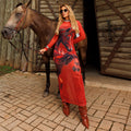 C7716 cross-border   fashion women's sexy mesh print rhinestone dress set