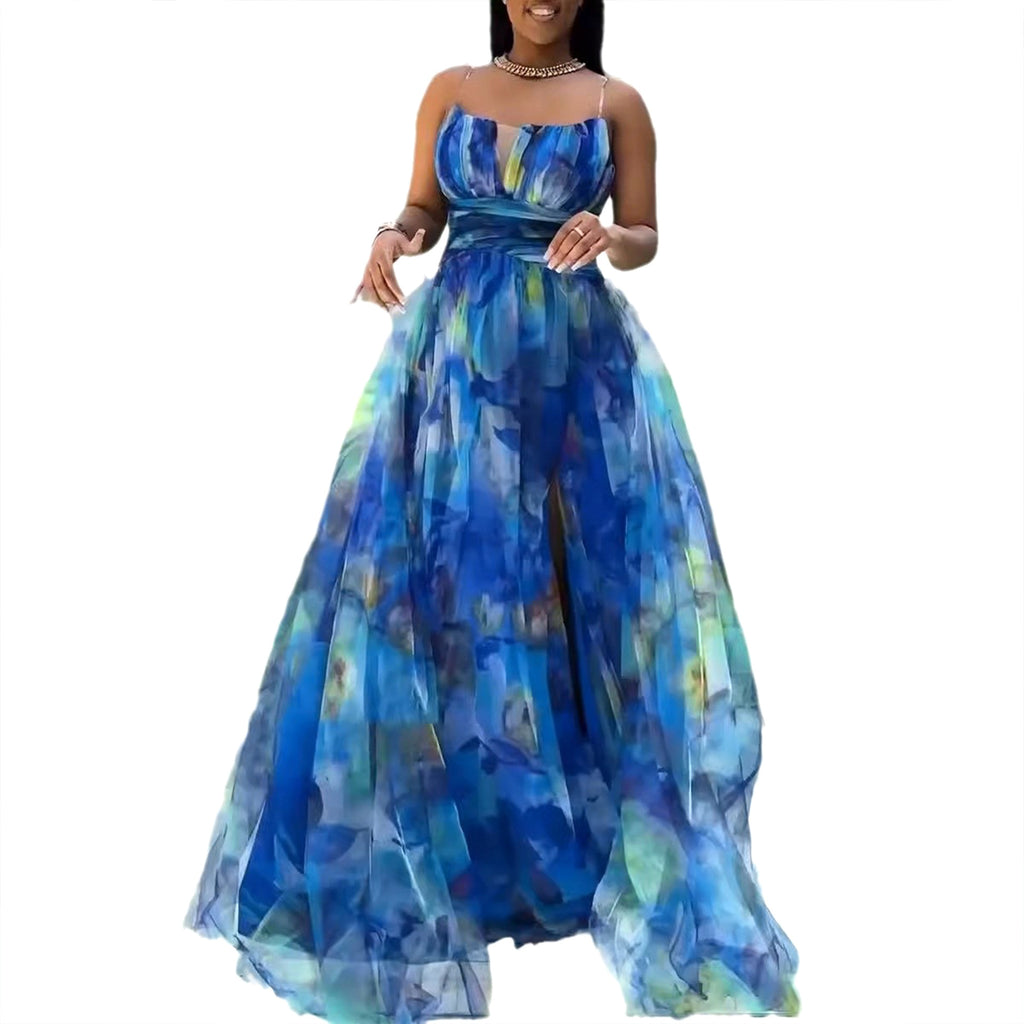 S10899 European and American, mesh stitching waist split suspender dress dress dress