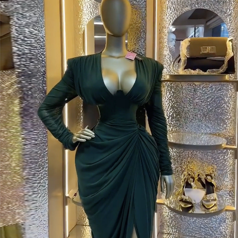 European and american cross-border women's fashion:  spring new arrivals - sexy and elegant v-neck slimming pleated midi dress