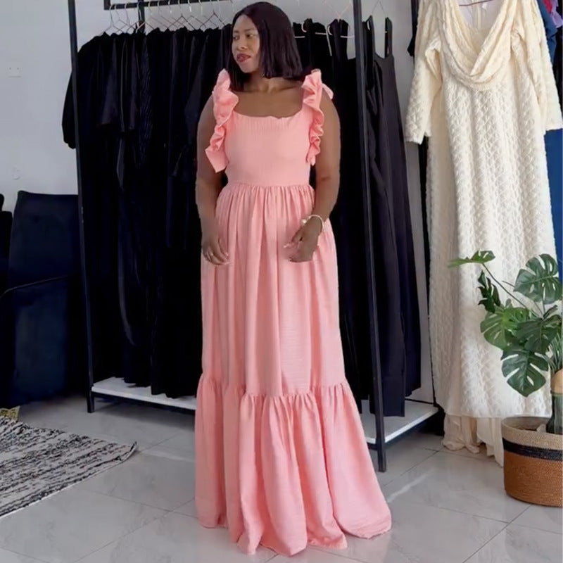 European and american cross-border women's fashion:  spring new arrival - elegant sweet square neck ruffle backless high-waisted maxi dress