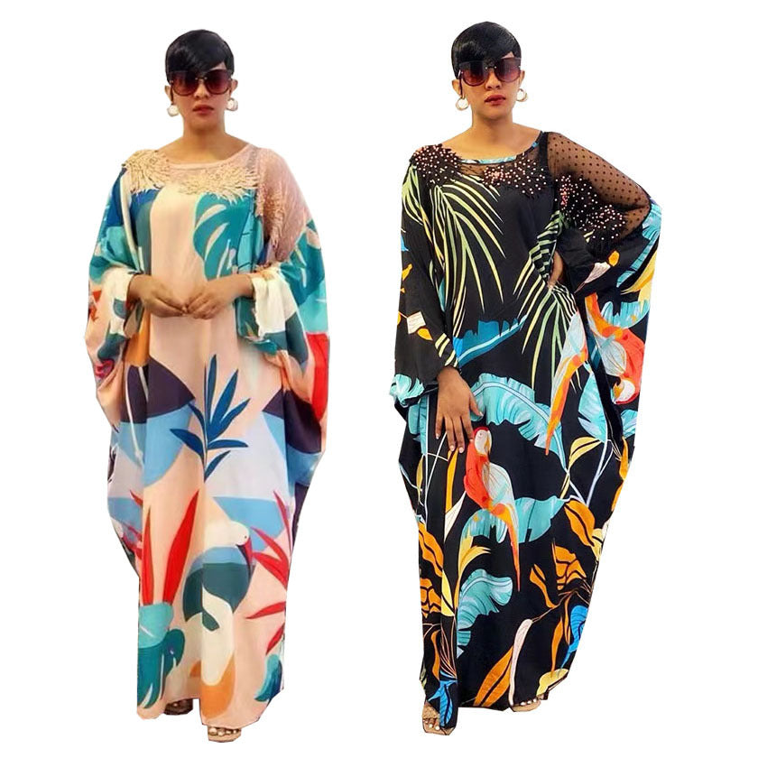 Special offer: digital print mesh panel batwing sleeve beaded loose fit crew neck plus size women's dress