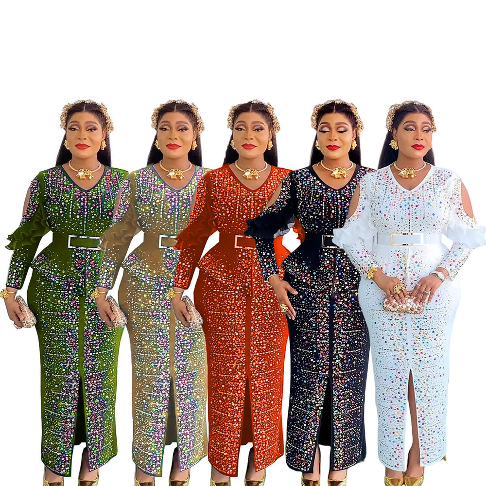 supply hot diamond beading off-shoulder long sleeves waist slit long skirt v neck african long skirt dress