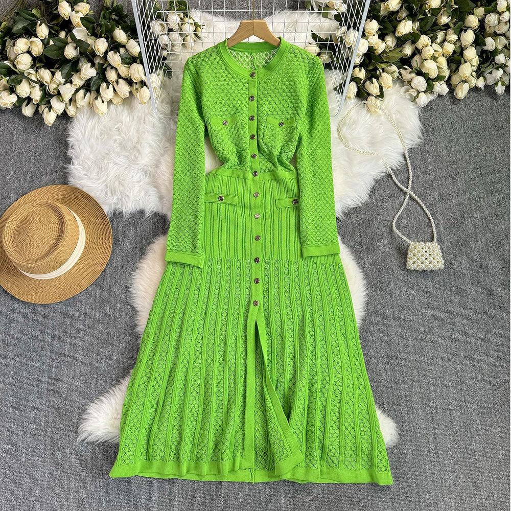 Autumfrench small fragrance elegancelightful grids round neck elegant waist long sleeves knittingdresspleatedniche style design