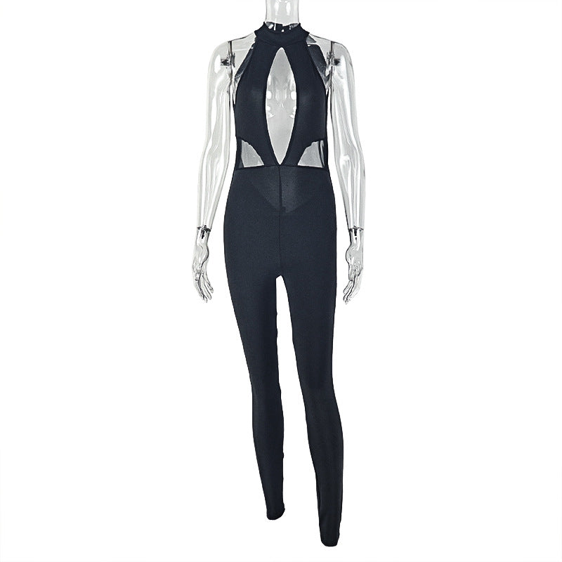 European and american style cross-border women's hollow-out sexy solid color jumpsuit - slim fit, sporty, figure-flattering, backless trendy bodysuit