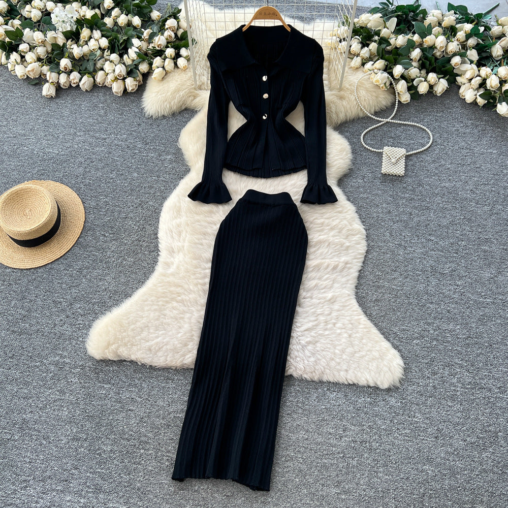Xiaoxiangfengclassy lapel long sleeves slit knittingtopshigh waist hip-covering skirtelegantfrenchtwo-piece set