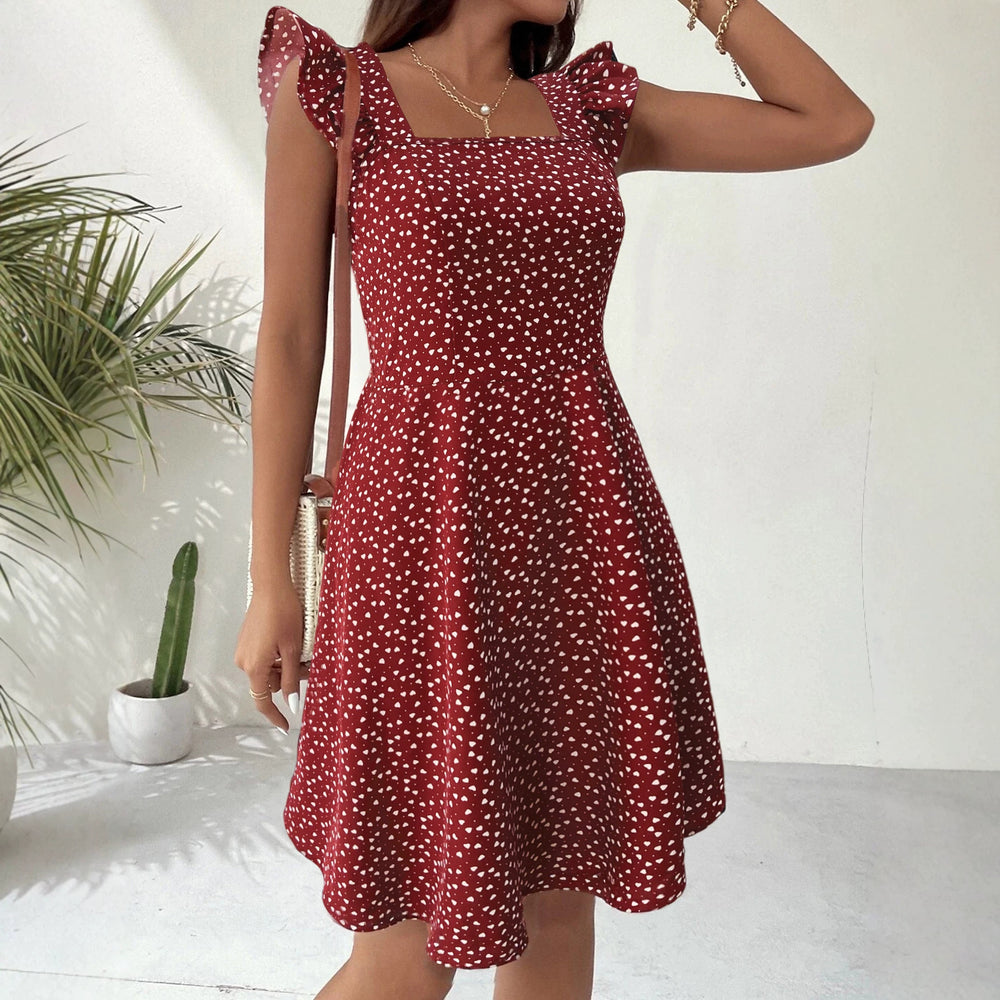 summernew arrival square collar heartdress flying sleeves waist slimming lookpetiteshigh waistshorta-line skirt