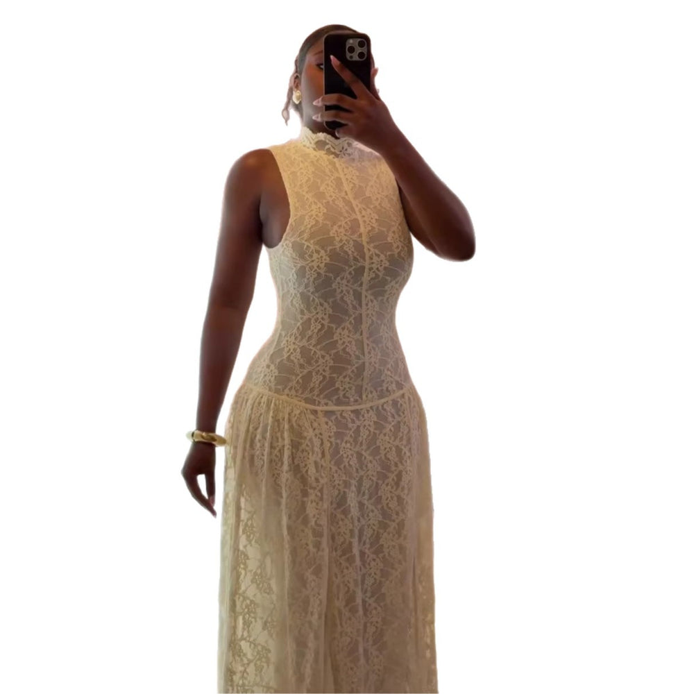 European and american cross-border women's clothing:  summer new arrivals - sweet & elegant mock neck slim-fit lace midi dress