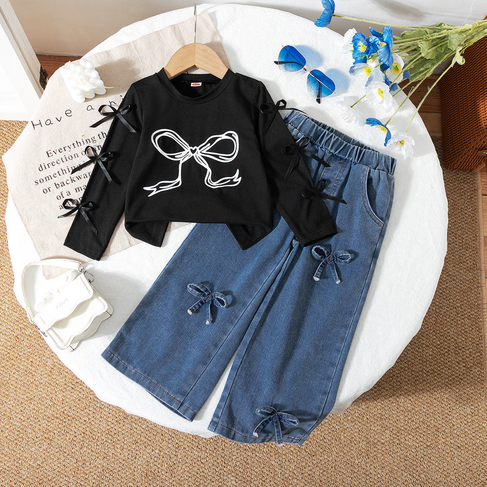 autumn cross-border girls' bow print crew neck top & 3d bow washed denim jeans two-piece set