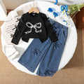 autumn cross-border girls' bow print crew neck top & 3d bow washed denim jeans two-piece set