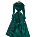 Commuting style lapel beaded long sleevesdress women's waist pleated skirtclassy socialite elegance gentle style long skirt