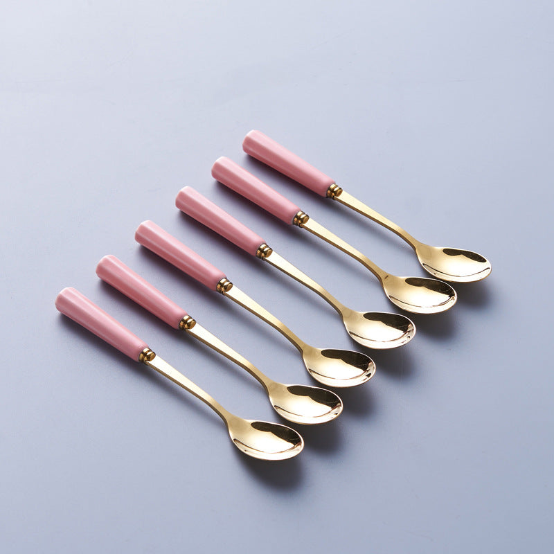 Gold-trimmed striped ceramic fruit fork storage jar - stylish stainless steel fruit forks, a great home essential, spoon and fork set