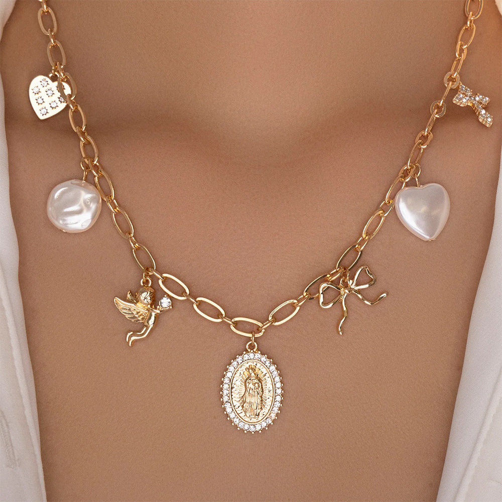 Imitation pearl bow necklace wholesale european and american cross-border portrait relief niche irregular cross clavicle chain for women